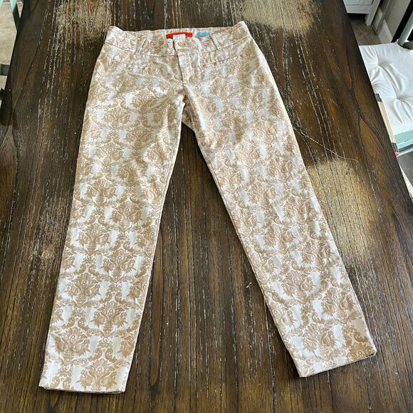 Anthropologie Cartonnier Charlie Ankle Pants | White & Tan Baroque Print Size 4 - Picture 3 of 13